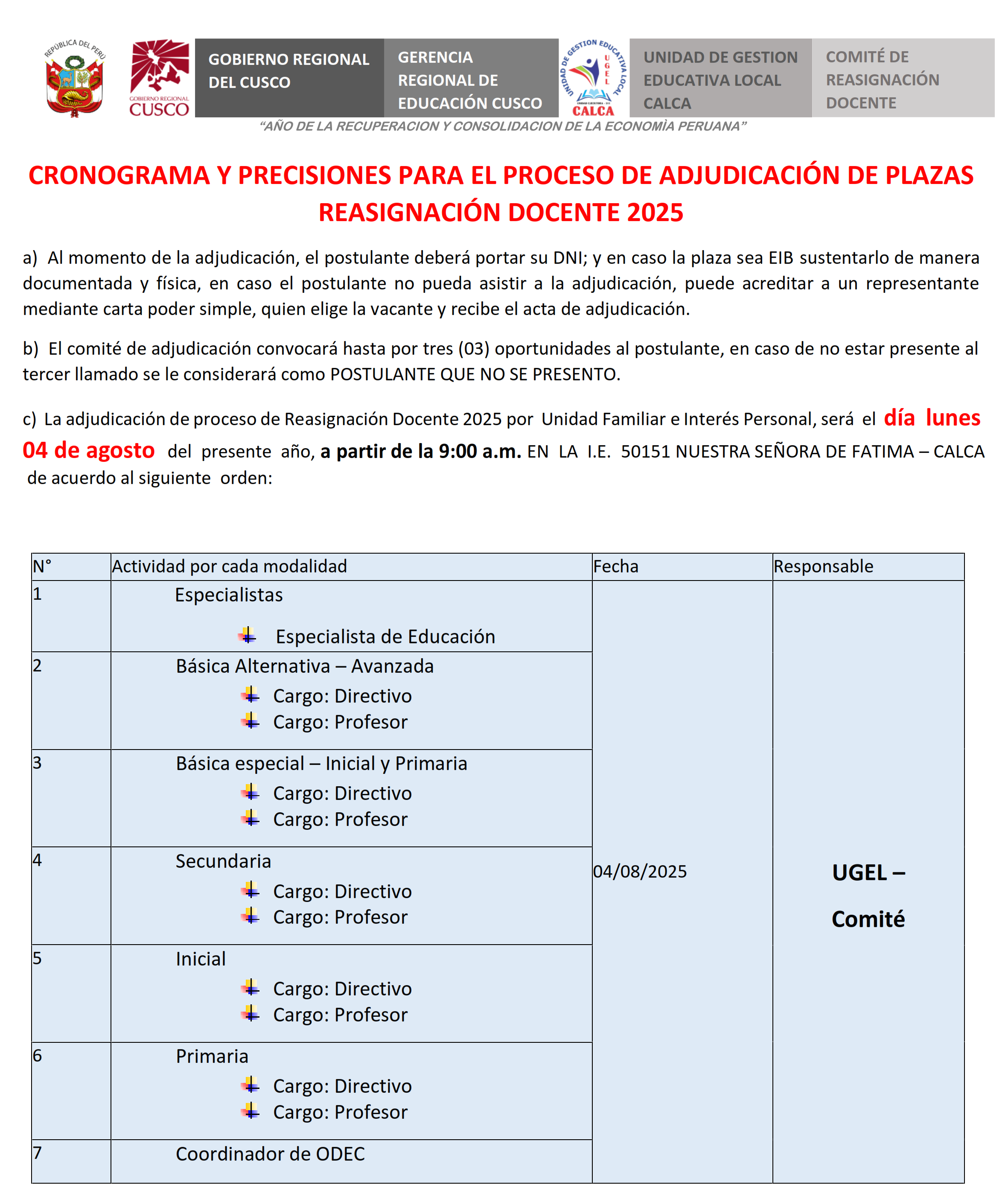 COMUNICADOS CRONOGRAMA REASIGANCION DOCENTE 001