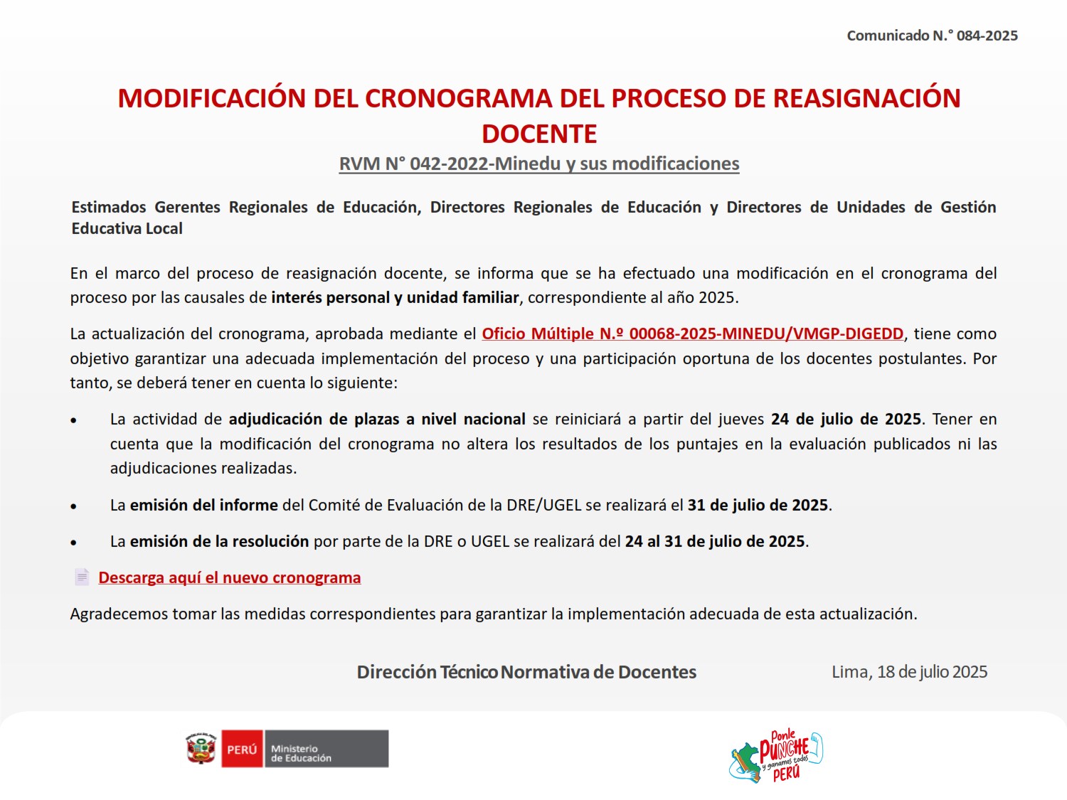 Comunicado 084 2025 MODIFICACI CRONOGRAMA PROCESO REASIGNAC DOCENTE  v3 001